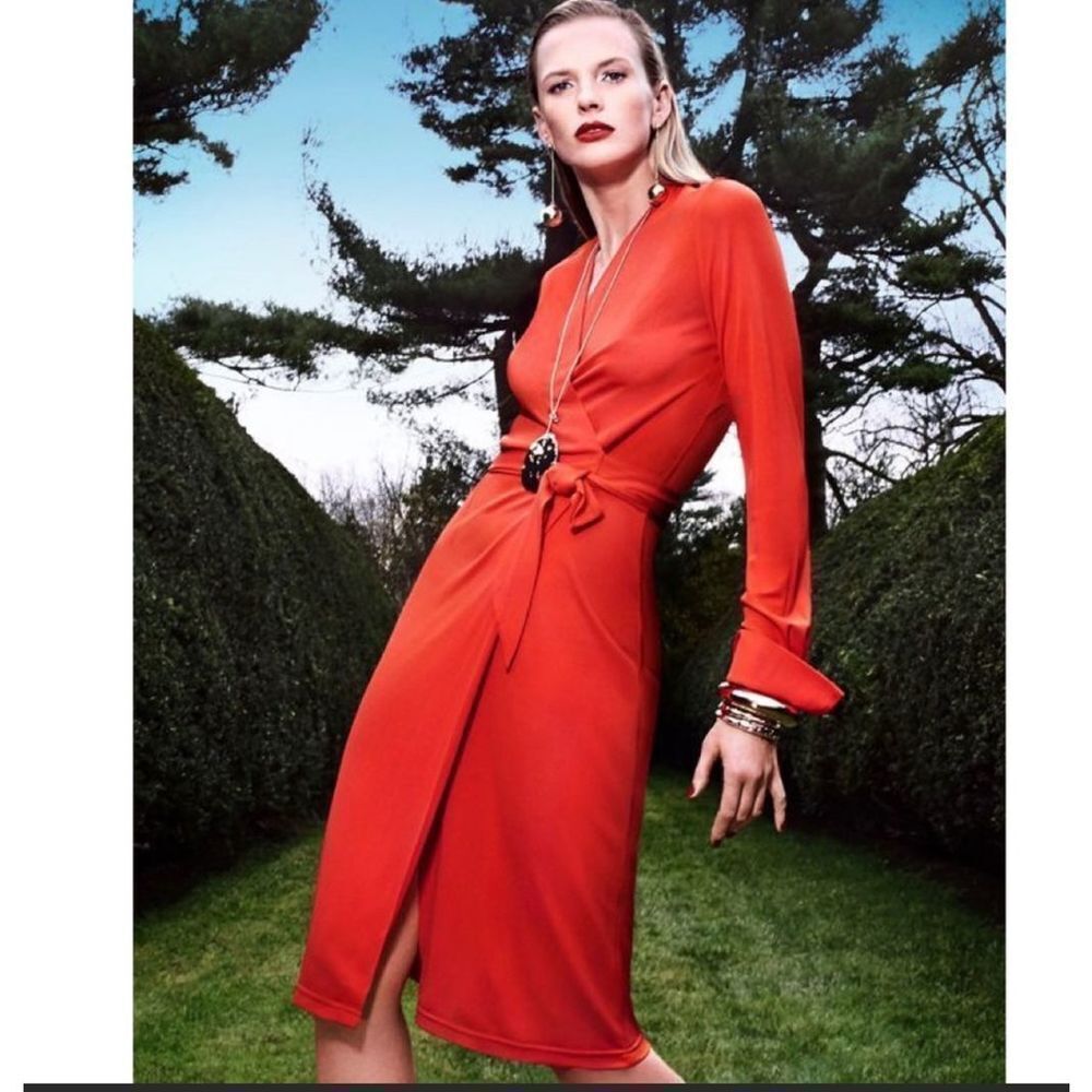 Reiss Grace pink salmon watermelon colored long sleeve true wrap dress